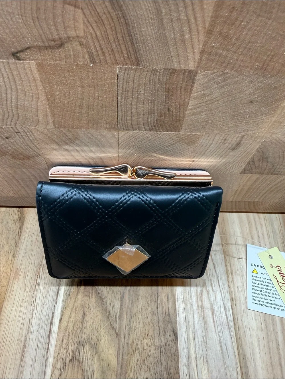 Quilted Black Leather Mini Wallet with Square Gold Emblem